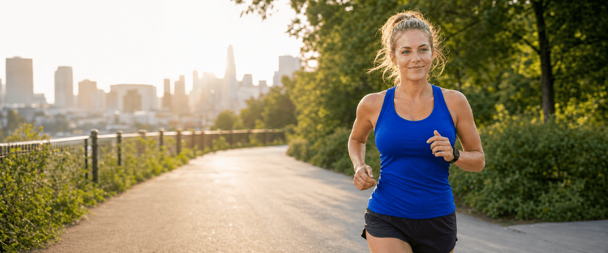 Ava running through a city park at sunrise