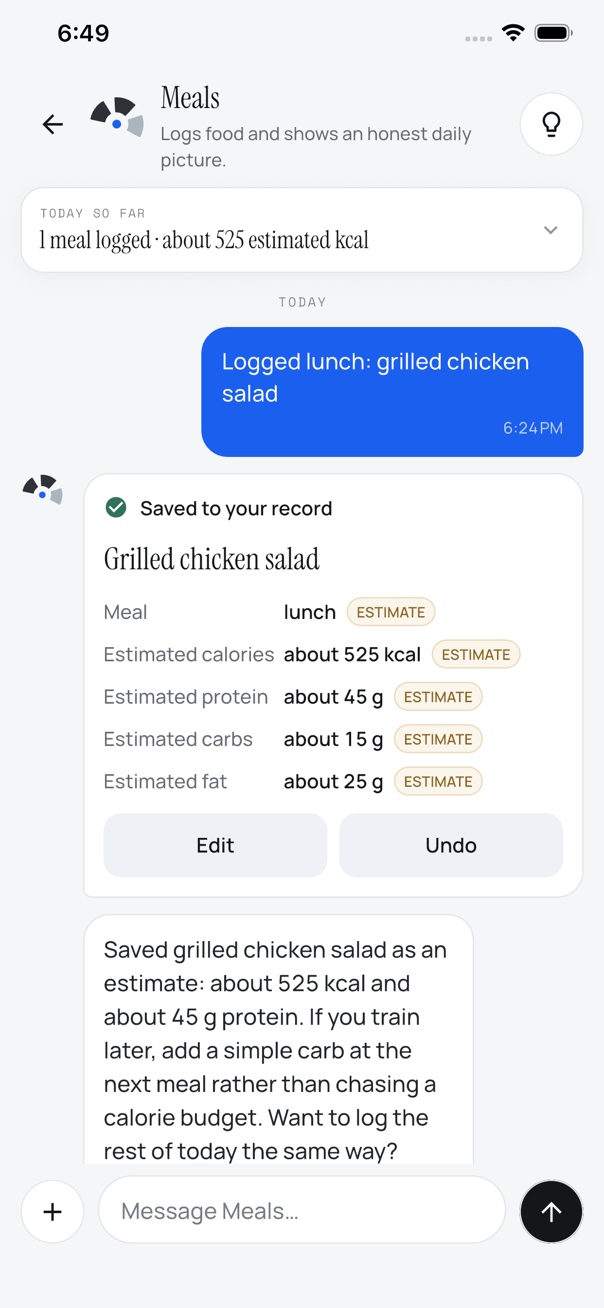 Nutrition view with a grilled chicken salad estimate of about 525 kcal and 45 g protein